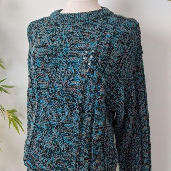 Vintage 90s Oversized Cozy Sweater Mens M Womens L Teal Chunky Cable Knit - Picture 2 of 9
